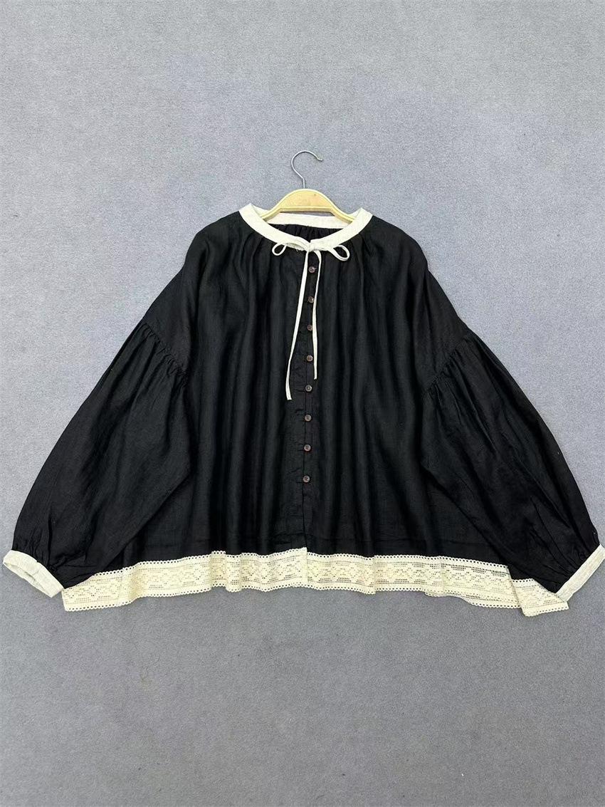 

Johnature Women Shirt French Lace Splicing Color-Contrast Tie Loose Versatile Blouse Spring Casual Shirts One Size чёрный