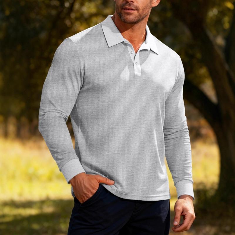 Men S Long Sleeve Waffle Knit Polo Shirt Casual Vacation Style