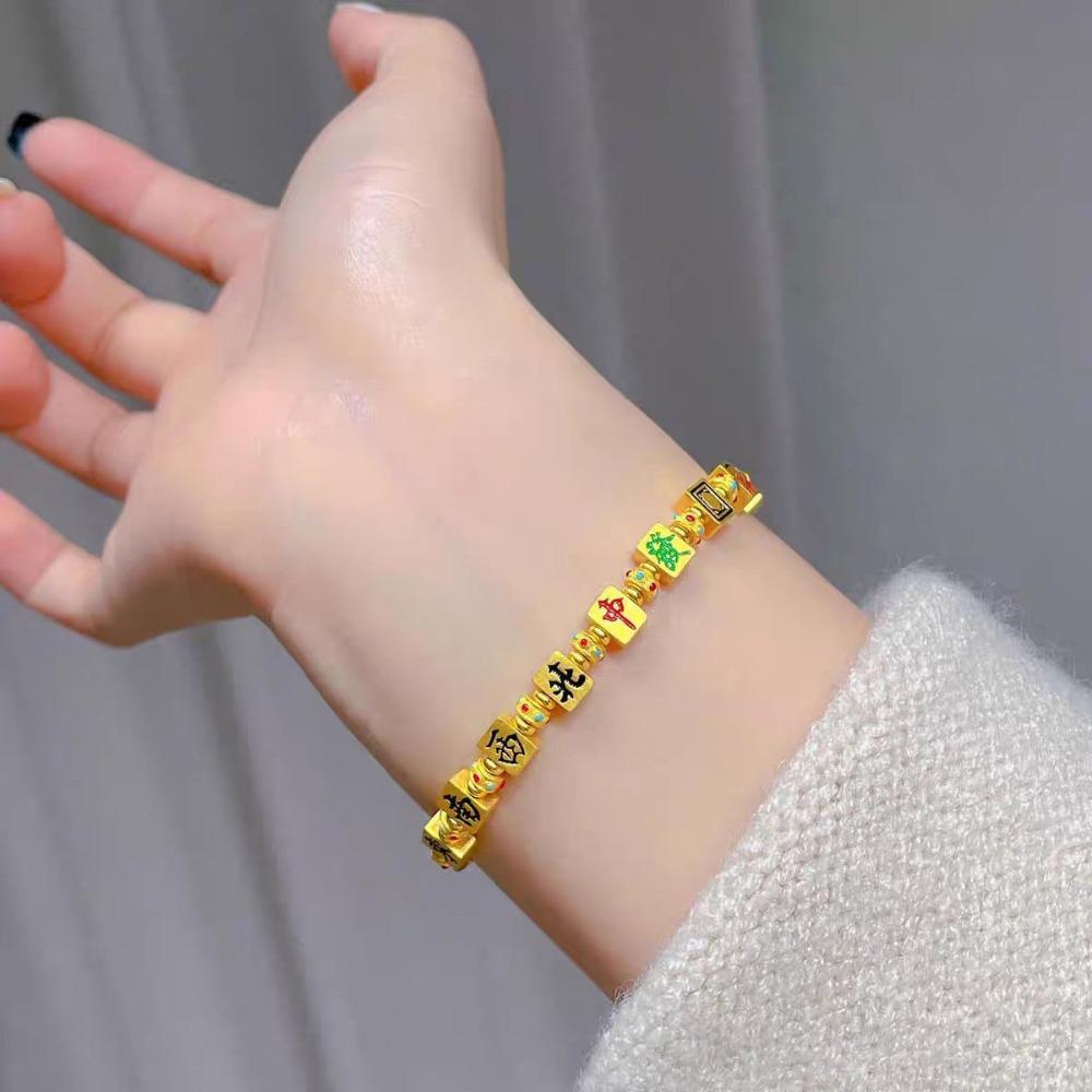 Chinese Character Golden Mahjong Bracelet Hand Jewelry Bohemian Style Bangle  Hipster