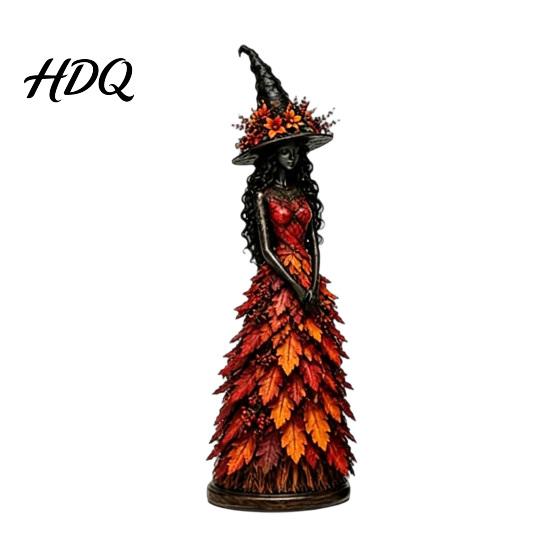 Podzimní Sklizeň Čarodějnice Sběratelská Figurka Halloween Stolní Dekorace Sezónní Pryskyřičná Soška s Párty Stolními Dekoracemi Listová Róba na Krb 18cm tmavě oranžová barva