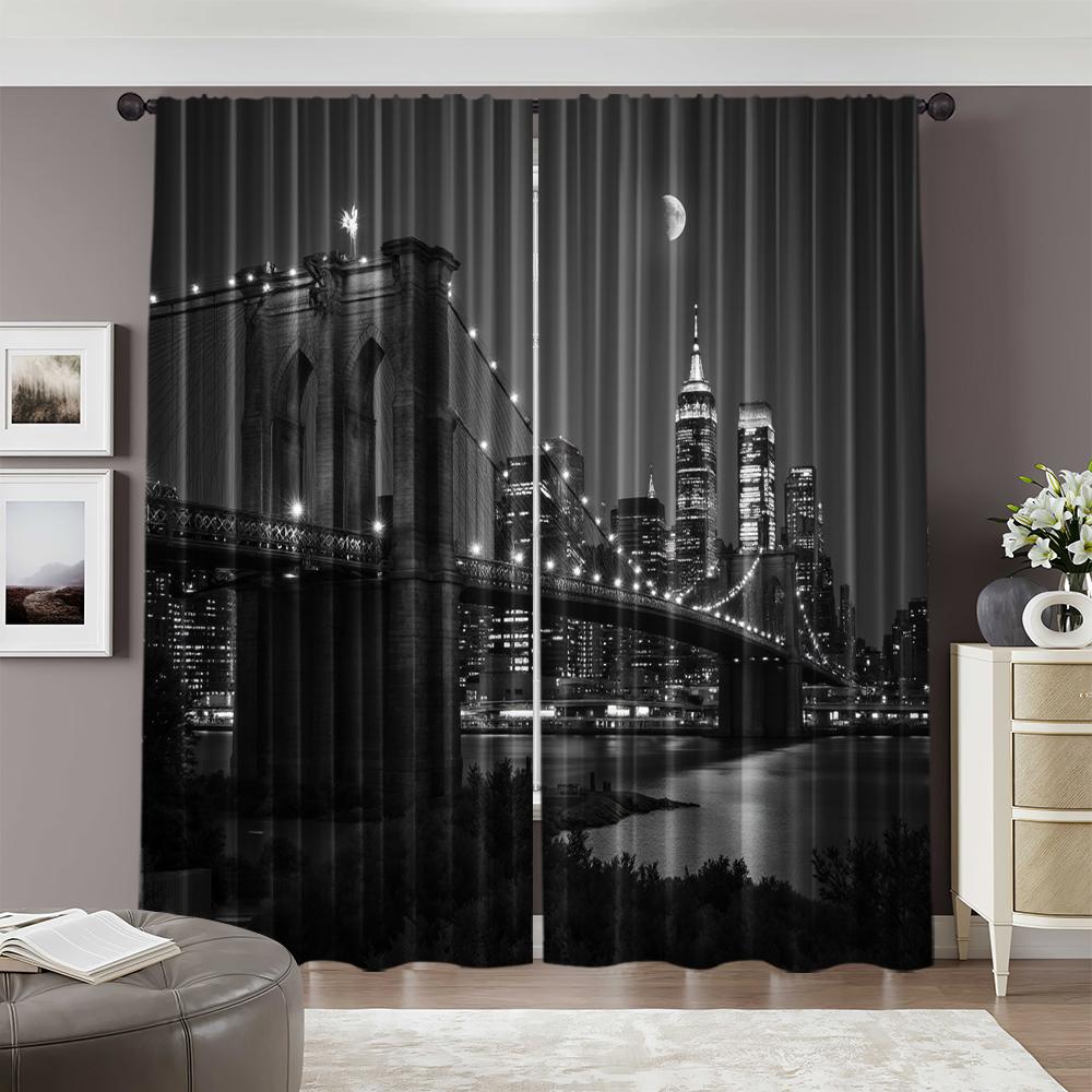 Flat Party Curtain Designer New York City Night View Life Brooklyn Manhattan Fabric Without Curtains Set Of 2 Made Polyester Machine Washable