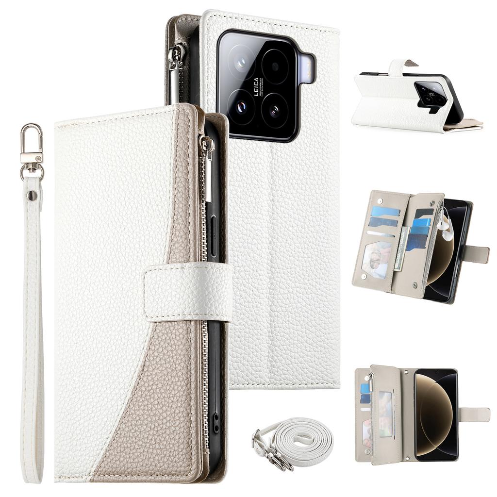 Für Xiaomi 15 Hülle Reißverschluss-Geldbörse Farbspleißung Leder Klapp-Handyhülle mit Riemen