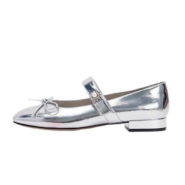 Bow French silver Mary Jane shoes women's spring 2025 new square head mirror retro thick heel single shoes women