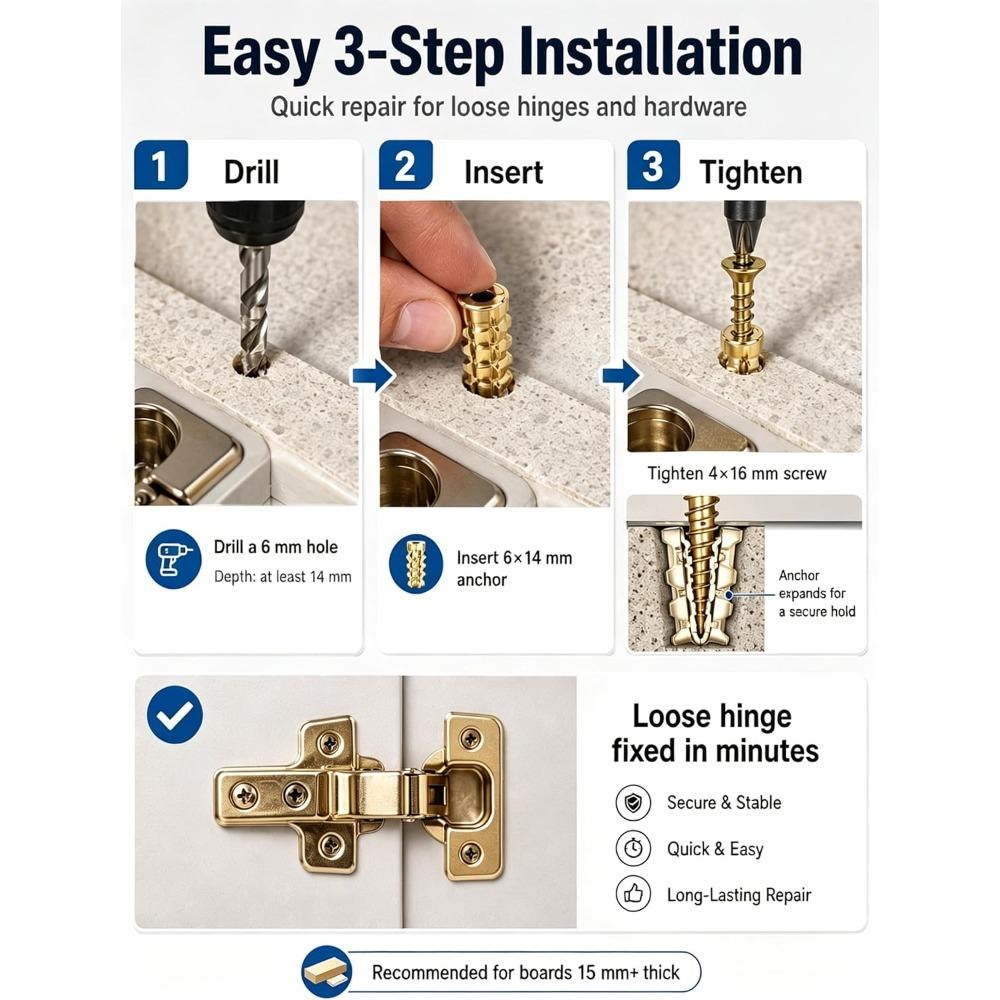 Hinge Repair Screw & Expansion Anchor, 6×14mm Short Expansion Screw Set for Cabinet Hinges, Wardrobe Doors, Wood Board, Tile and Furniture Repair (50)