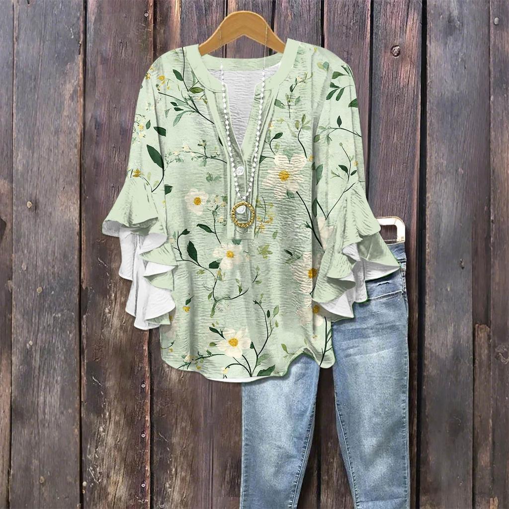 Women's Fashion Casual Button V-Neck Seven Sleeve Vintage Printed Shirt Top