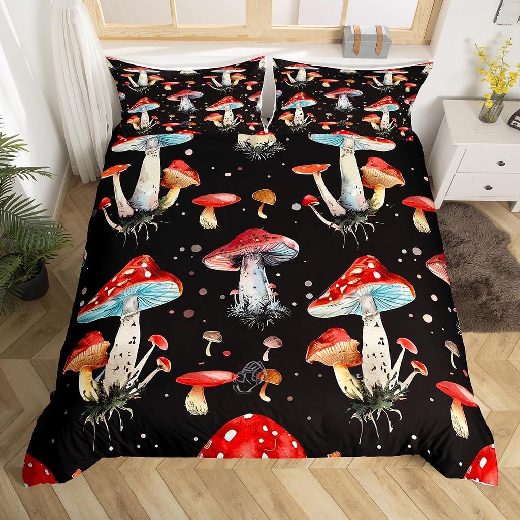 Comforter Wild Mushroom Bedding Set King Queen Cute Mushrooms Comforter Kawaii Fungus Cartoon Plant Leaves