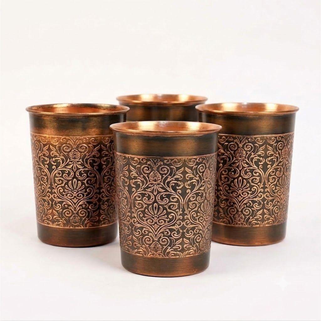 Pure Copper Water Dispenser 5 Litre | Pure Copper Handcrafted Glasses Set with Gift Box Set of 4 Antique Etching Design - 250ml