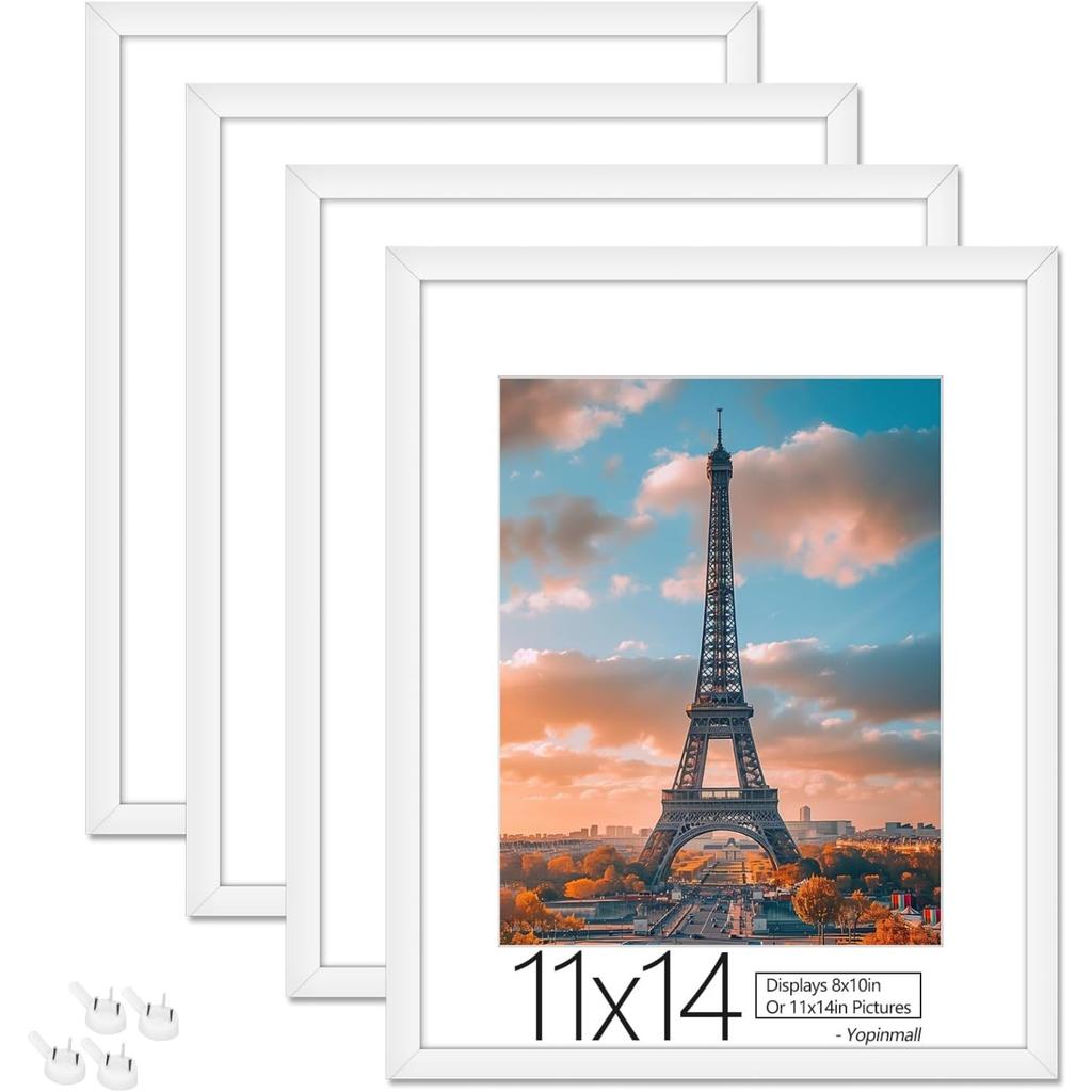 11 x14 Picture Frame Set of 4, White Photo Frame 8x10 with Mat Poster Frame Horizontal and Vertical Formats for Wall Hanging or Tabletop