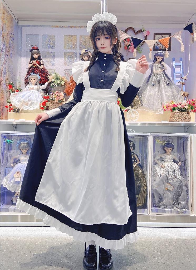 YIUHK Dienstmädchen Lang Lolita Halloween Klassisch Inklusive Haarreif und Set Damen Britischer Stil Outfit, Ärmel, Cosplay, Kostüm, Kleid, Schürze, Veranstaltung,