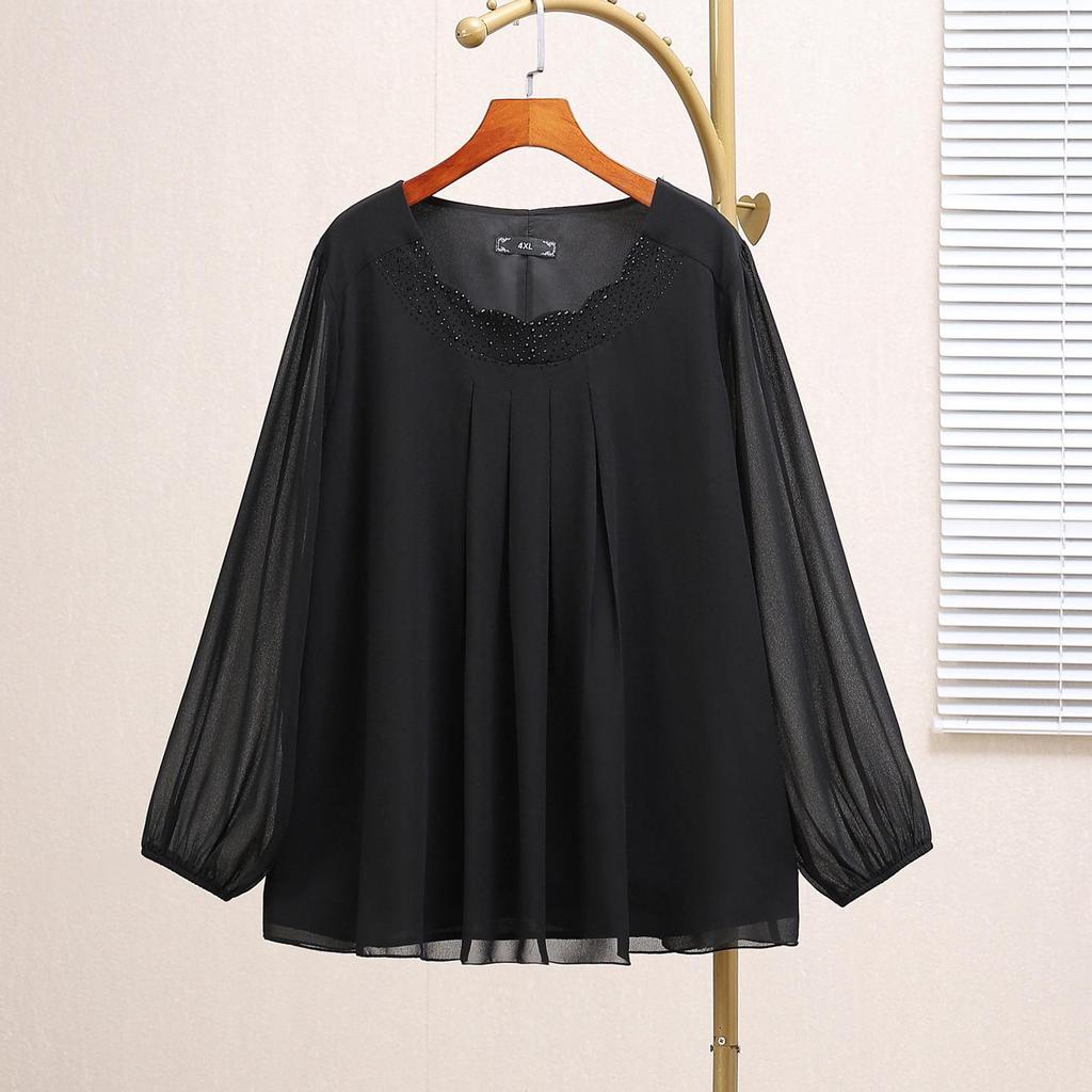 8087T Damröd chiffongblus i stora storlekar – Höst Lös passform Långärmad Slimmande topp