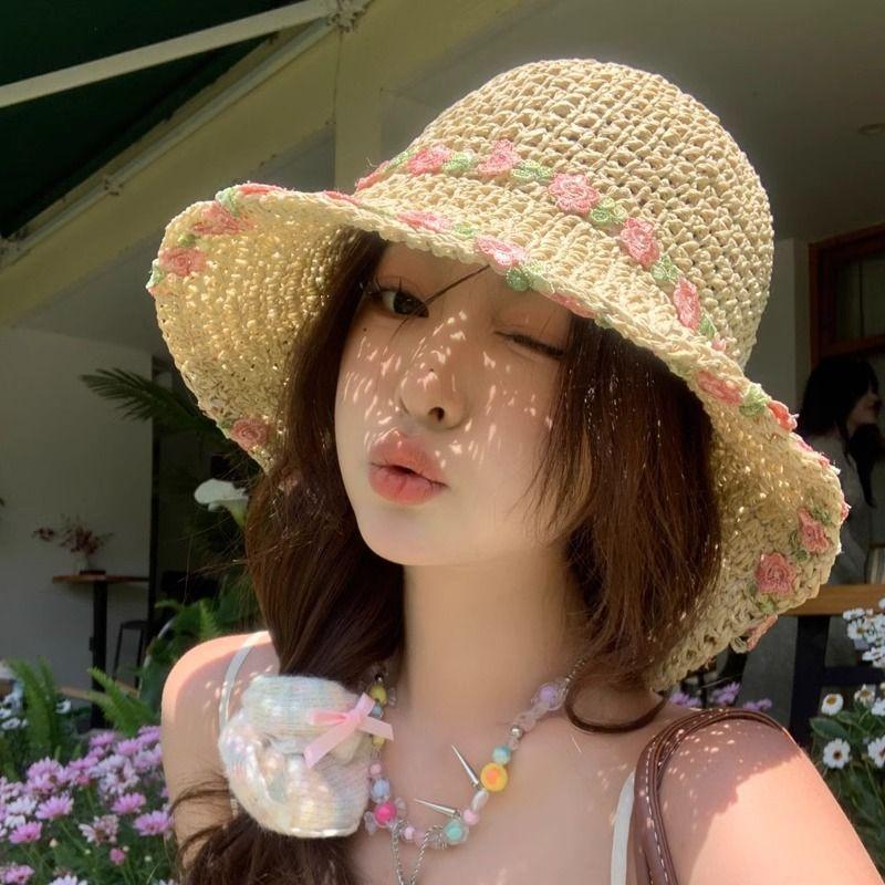 Summer Woven Grass Hat for Women Beach Vacation Small Flower Sun Fisherman Grass Hat