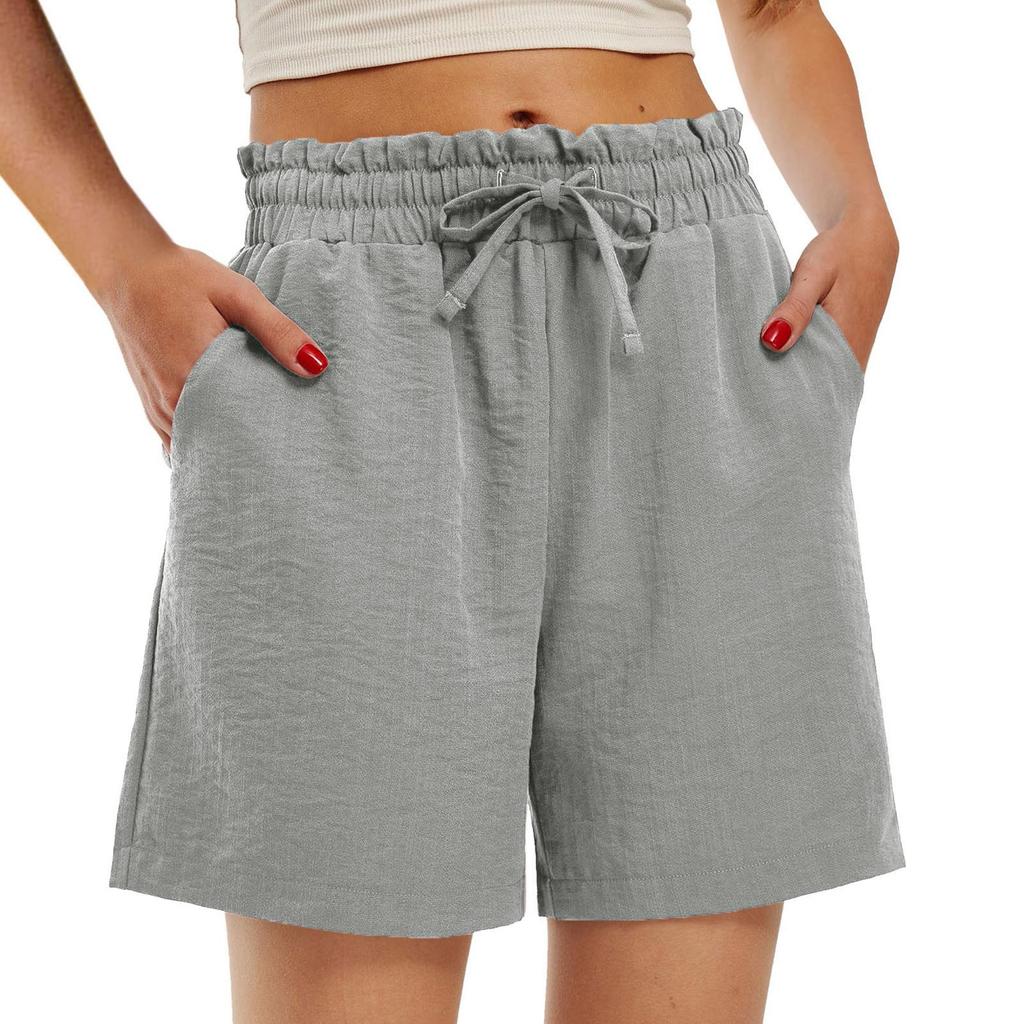 Women's Fashion Loose High Waist Drawstring Color Small Pocket Casual Shorts