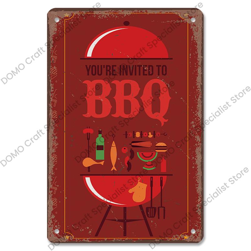 Vintage Barbecue Plaques Metal Tin Signs Grill Meat Steak Sausage Retro Metal Plate Wall Decor BBQ Party Shop Dining Room