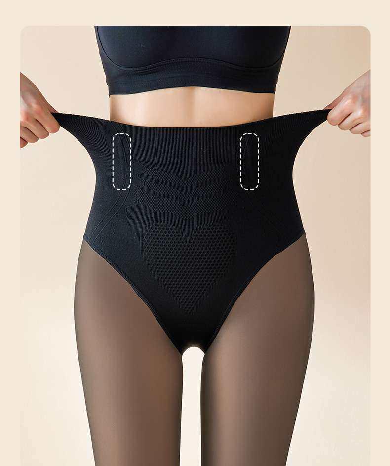 Svarta Genomskinliga Höga Midjehöjds Tummy Control Strumpbyxor med Fleecefoder och Höftlyft