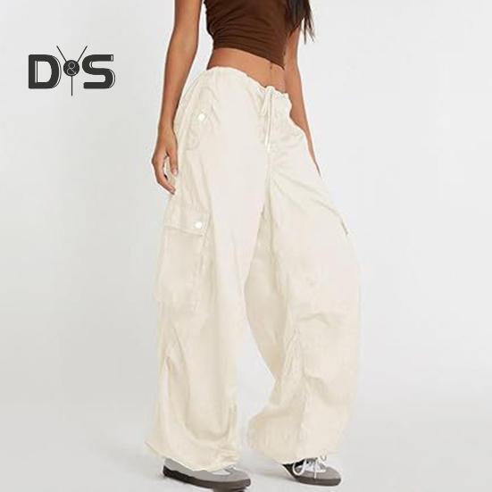 Dámské cargo kalhoty nastavitelné stahovací šňůrkou široké nohavice letní kalhoty s mnoha kapsami nízký pas jednobarevné dlouhé kalhoty