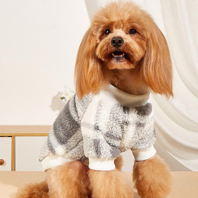 Pet Clothes Small Medium Dog Autumn And Winter Plush Hoodie Gray Plaid Costume Kitten Round Neck Clothes Comfortable Sweatshirt