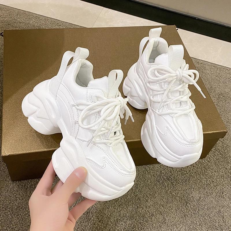 Fashion Women Chunky Leather Sneakers 7.5CM High Platform Ulzzang Sports Dad Shoes New 2024 Autumn Breathable Thick Bottom Casual Shoes