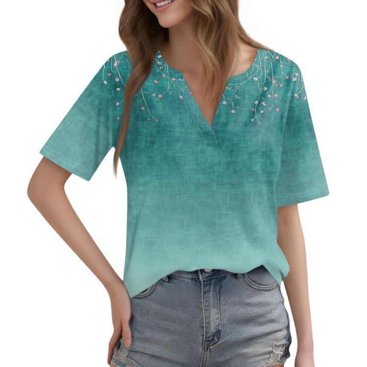 Women's Casual V Neck Printed Short Sleeve T Shirt Basic Tee Top Daily Wear Fashion