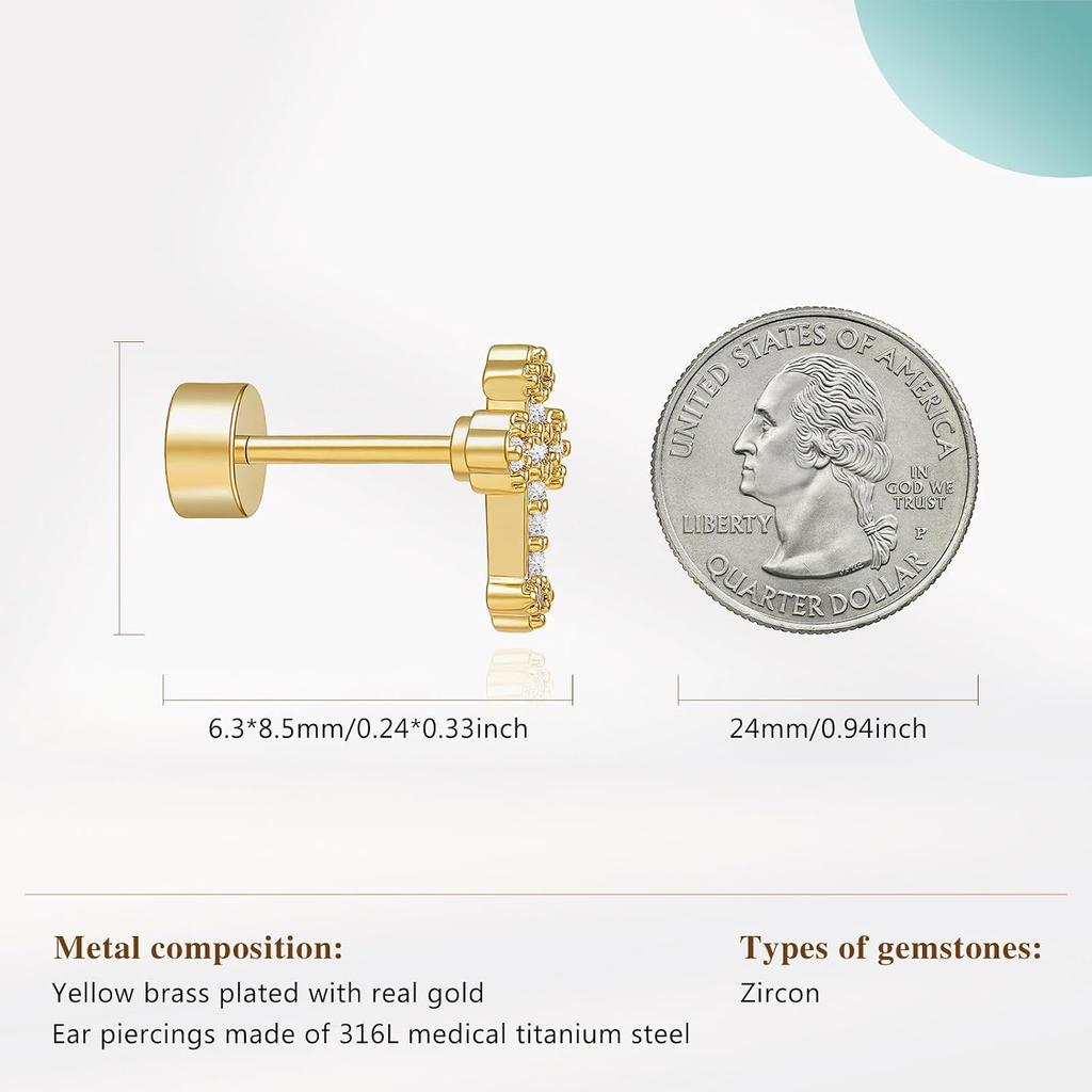 Cicy Bell Womens Flat Back Stud Earrings 18K Gold Plated Hypoallergenic | 316L G23 Surgical Titanium Steel, CZ Stud Jewelry, Tragus Helix Cartilage