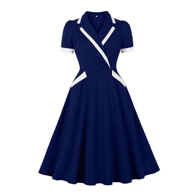 Women's clothing niche design sense contrasting colors retro temperament waist suit dress with pockets