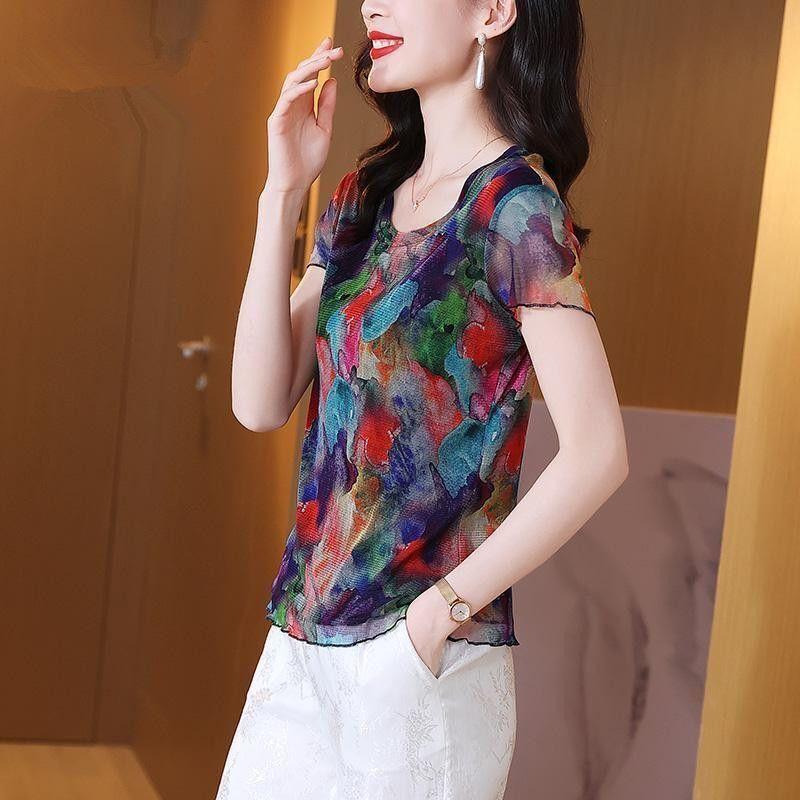 

High Elastic Mesh Round Neck Short Sleeve Breathable Mesh Knitted T-shirt Top Summer New Printed Top L зелений