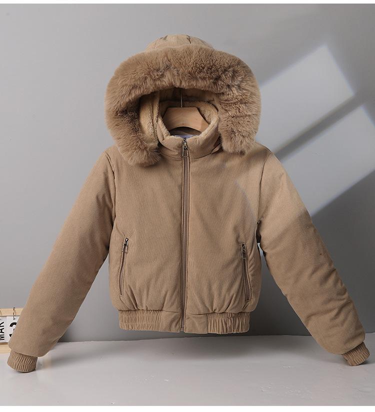 Women's Fleece-lined Cotton-padded Coat with Big Fur Collar Short Thickened Hooded Jacket