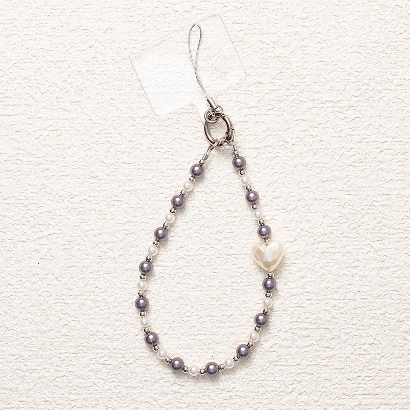 New Gray-Purple Heart Fairy Phone Lanyard: Anti-Drop Pearl Wrist Strap with High-End Appeal