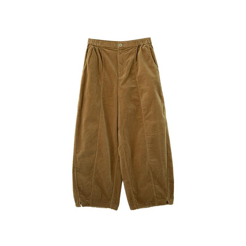 2024 Autumn/Winter Retro Earth Tone Corduroy Carrot Pants with Fur Trim and Elastic Waist