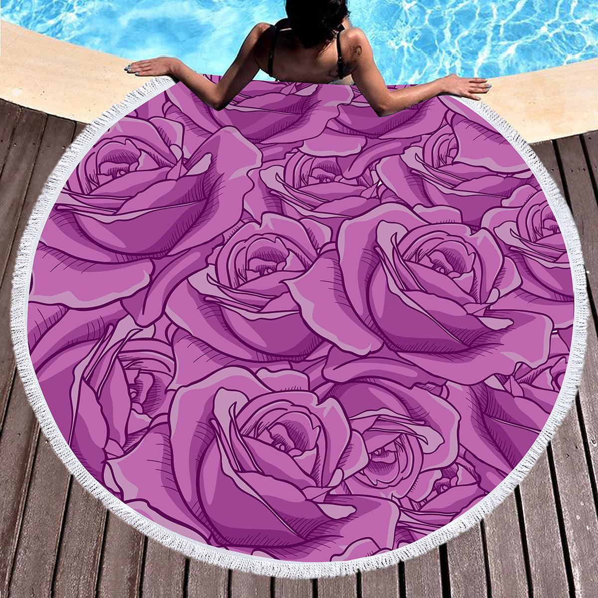 Textilien Romantic Rose Round Beach Towel Botanical Floral Beach Blanket Soft Sand Free Quick Dry Yoga Mat Circle Bath Towel With Tassels