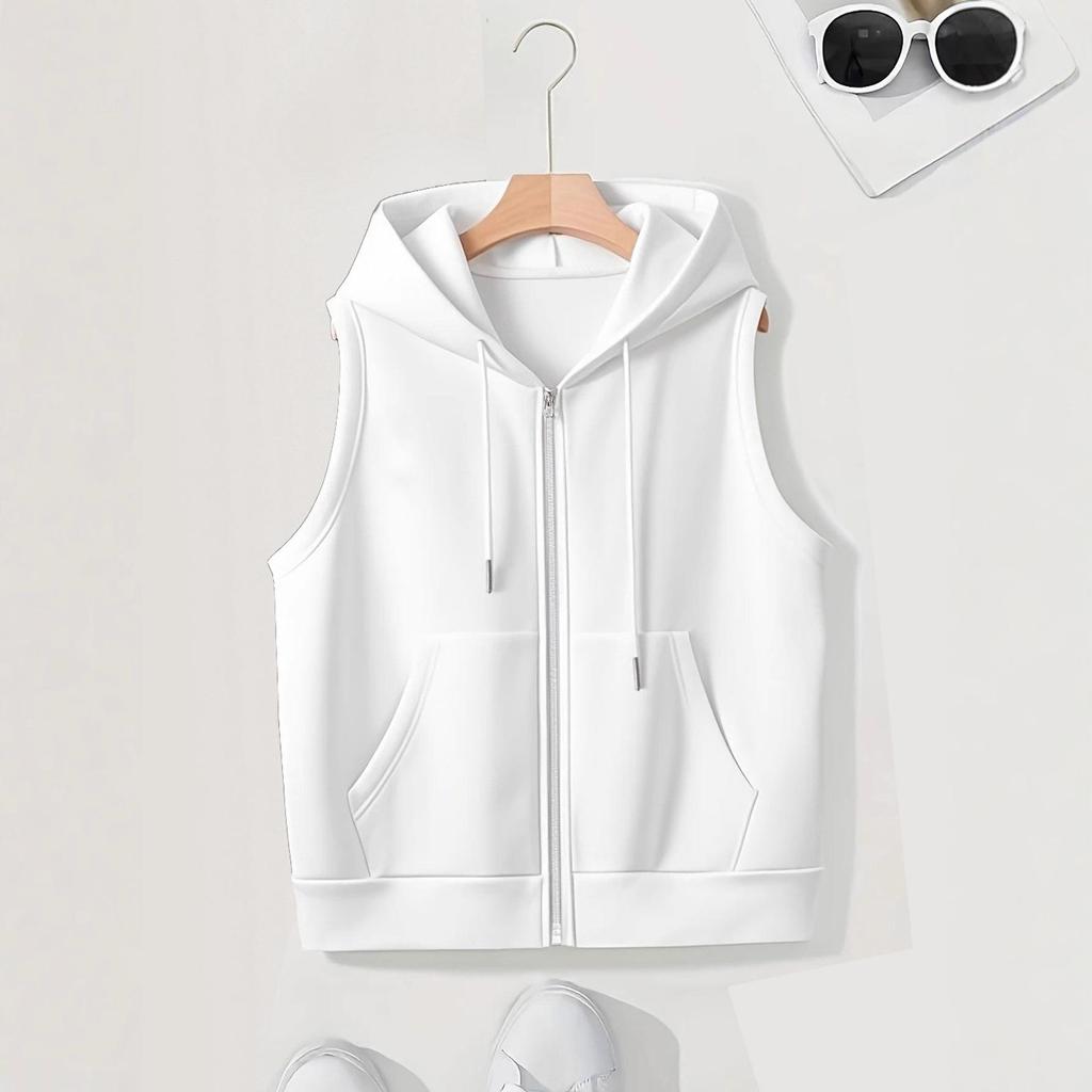 Plus Size Women Hooded Vest Casual Trendy Loose-Fit Sleeveless Cardigan Zipper Autumn Spring