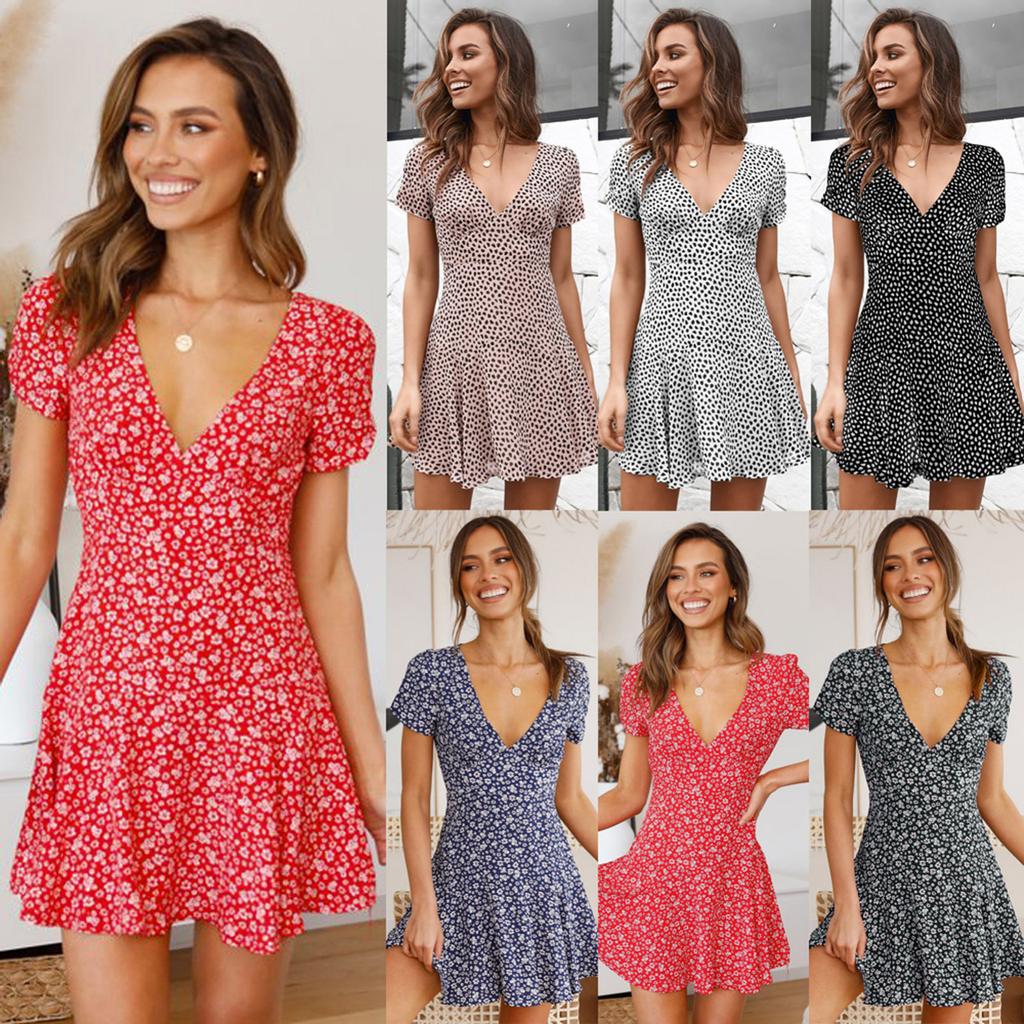 Women Floral Print Short Sleeve Sexy V Neck Cocktail Party Beach  Dress
