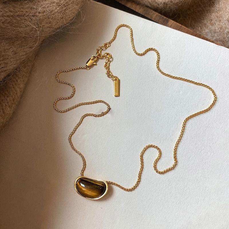 18k real gold electroplated tiger's eye stone pea pendant necklace Maillard collarbone chain niche neck chain