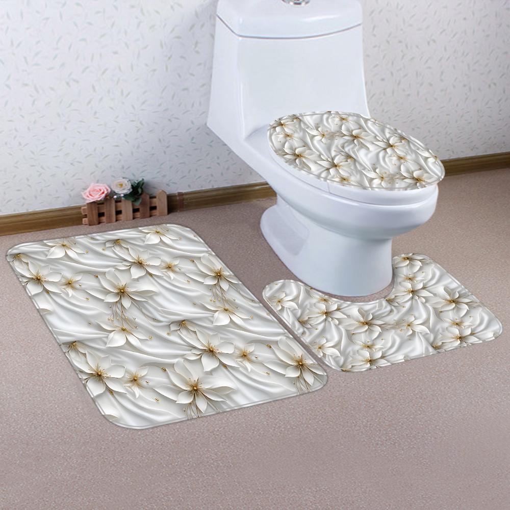 1/4 White Flower Shower Curtains, Toilet Seat Decoration, Shower Curtain With Carpet And Toilet Lid, 12 70.8X70.8 Inch Hooks