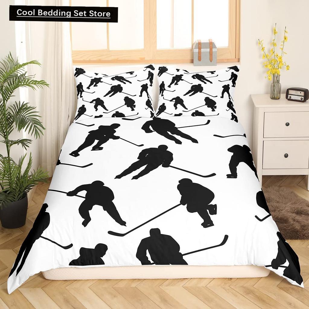Comforter Ice Hockey Puck Hockey Player Winter Event Bedding Set Boys Sports Game Black Polyester Comforter