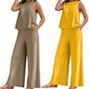 2 Pcs/Set Women Top Pants Set Solid Color Round Neck Sleeveless Loose Vest Wide Leg Side Pockets Trousers Daily Wear Commute Vac