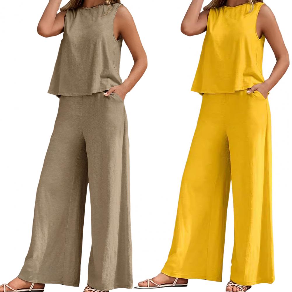 2 Pcs/Set Women Top Pants Set Solid Color Round Neck Sleeveless Loose Vest Wide Leg Side Pockets Trousers Daily Wear Commute Vac