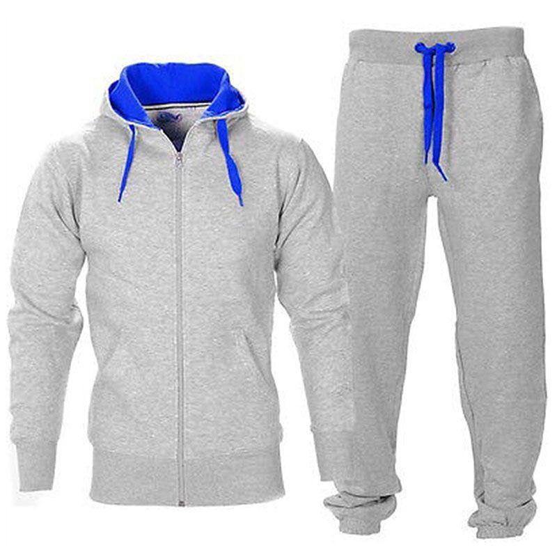 Set Mens Tracksuit Fleece Zip Hoodie Topsbottoms Joggers Gym Jogging Contrast
