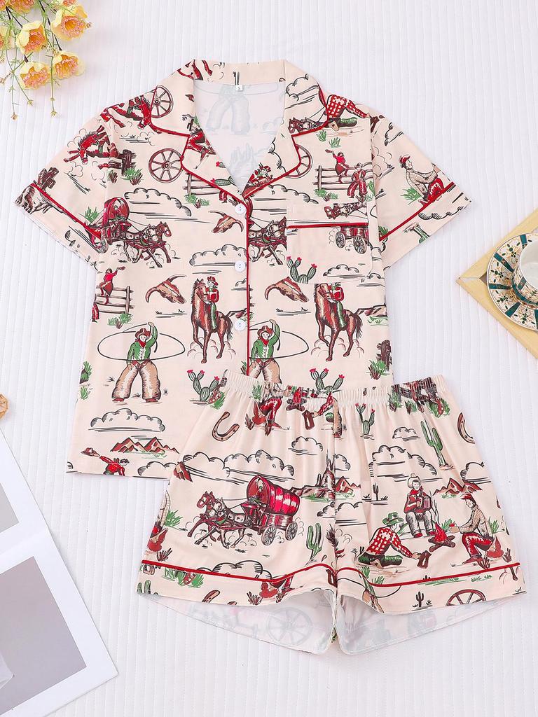 2025 Summer Multi-Color Print Short Sleeve Shorts Homewear Set