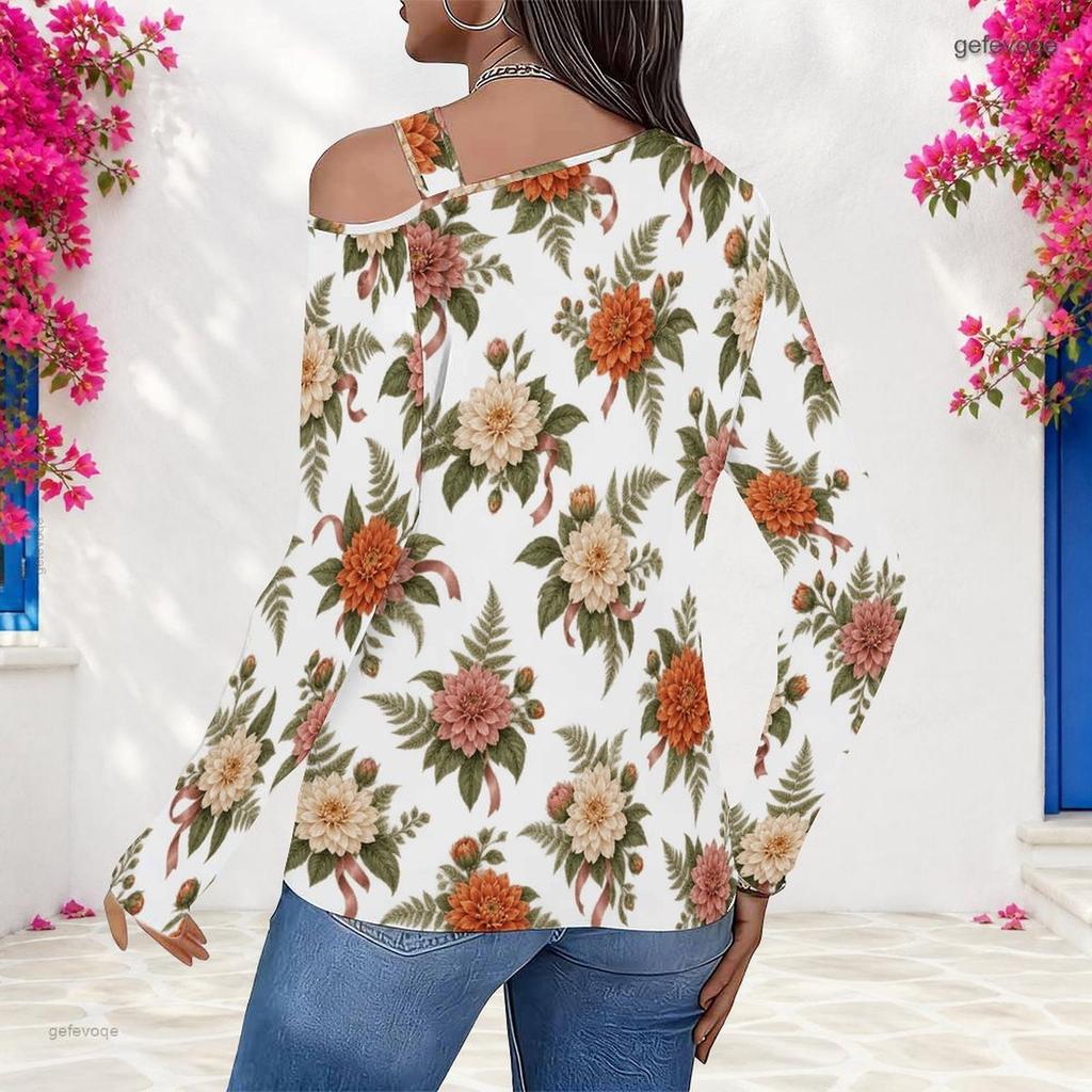 Women Plus Size White Floral Printed Asymmetric Cutout Cold Shoulder Long Sleeve Fitted Blouse