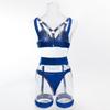 Women's Metallic Chain & Bandage Style Bra Set, Push-Up Corset with Steel Ring for Queen Role Play, Black and Blue