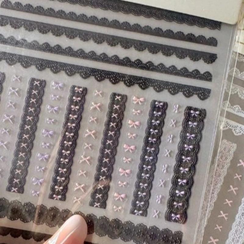 3 Pcs/set Pink Black Color Kawaii Nail Stickers Lace Bow 3D Checkered Scrapbook Journal Sweet Edgy Design Decal for Girl