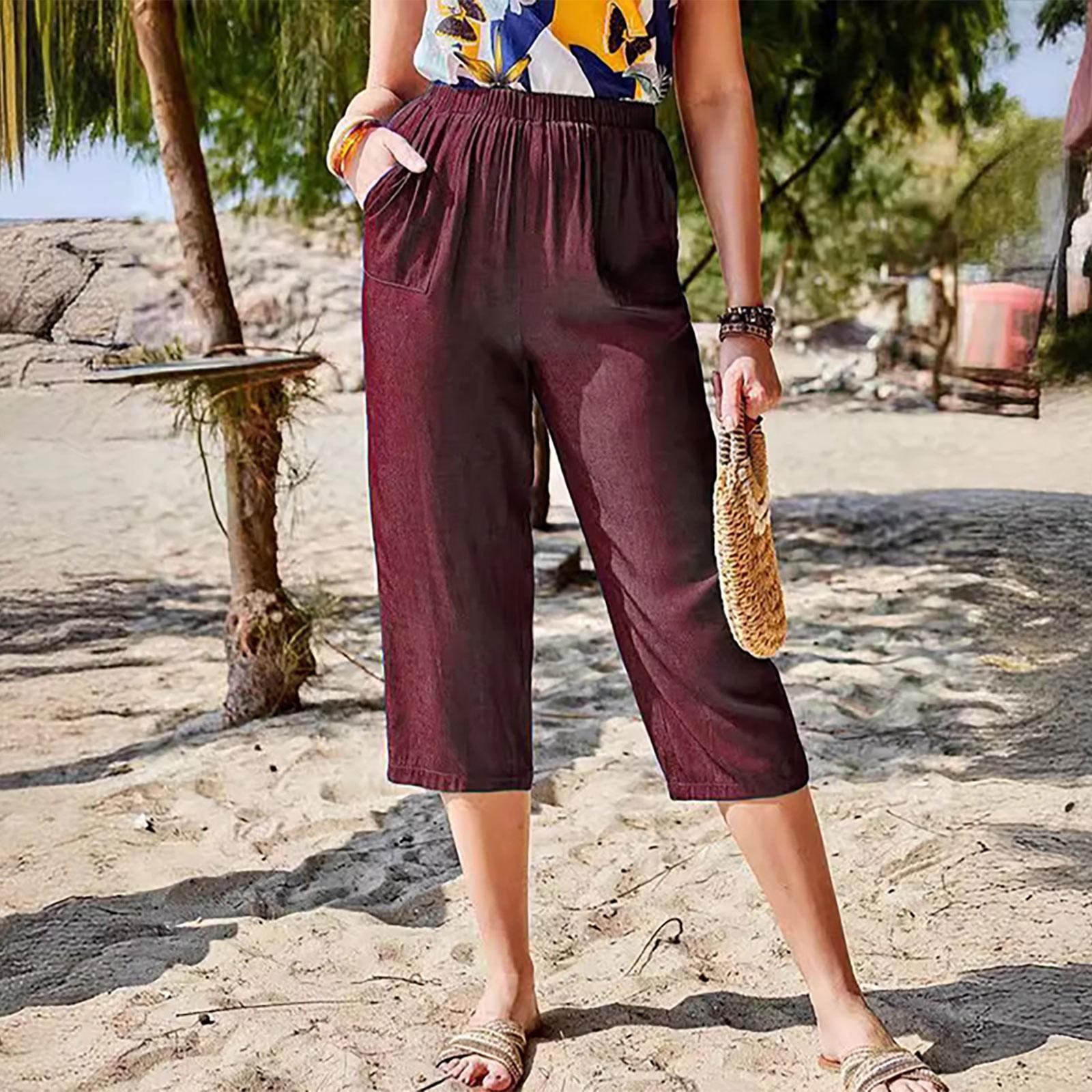

Женские однотонные модные повседневные свободные брюки-капри, прямые брюки XL винный