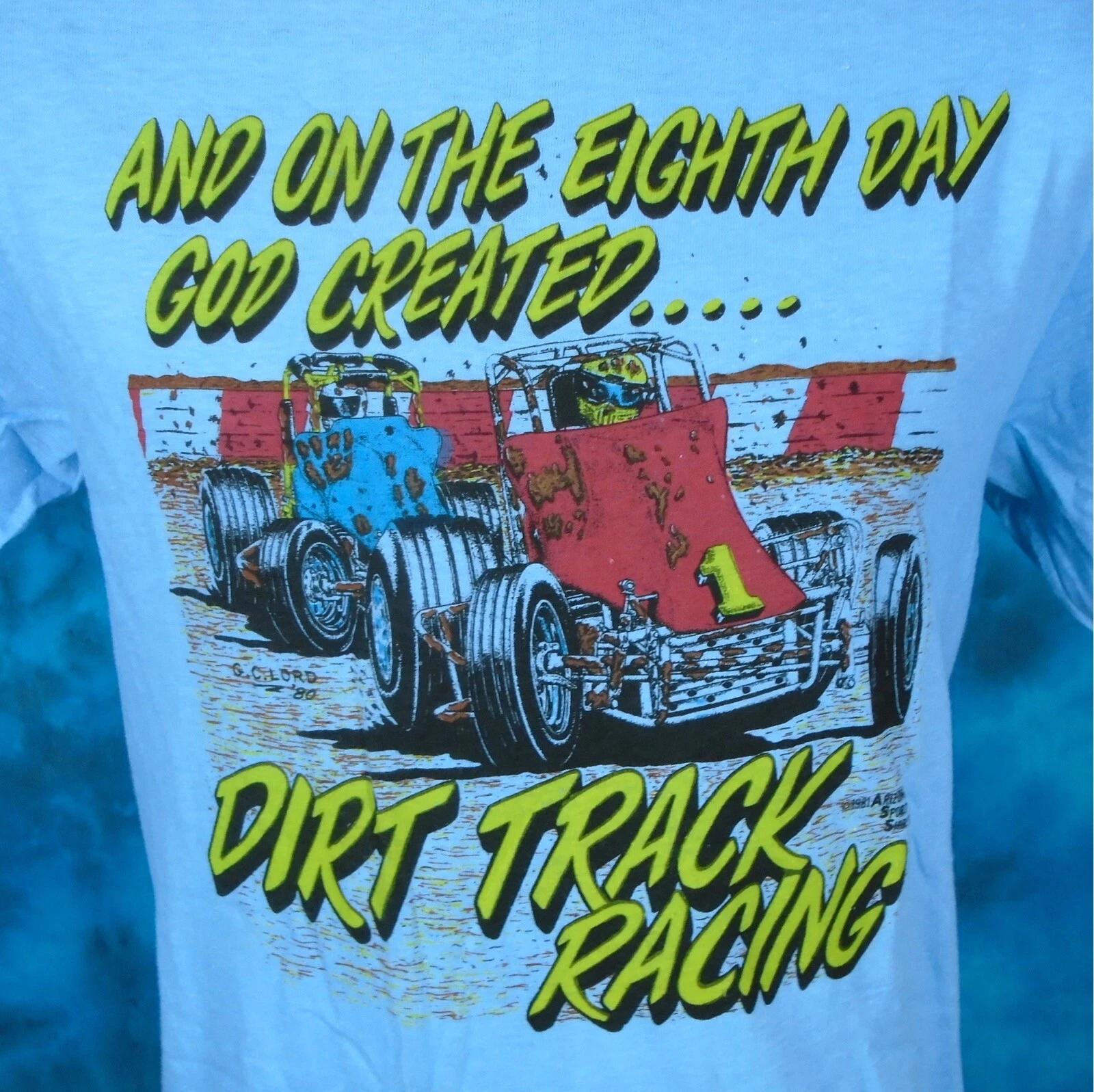 vtg 80s 8TH DAY GOD CREATED DIRT TRACK RACING T-Shirt M narc single stitch S