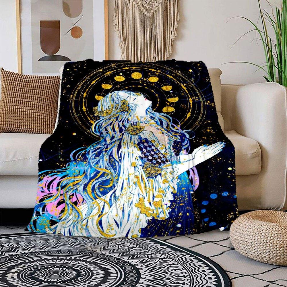 Golden Celestial Dreams: Ethereal Fantasy Art Print Blanket Flannel Throw Blanket for Sofa, Bed, Travel, Camping, Office, Couch, Chair, And 150x180cm