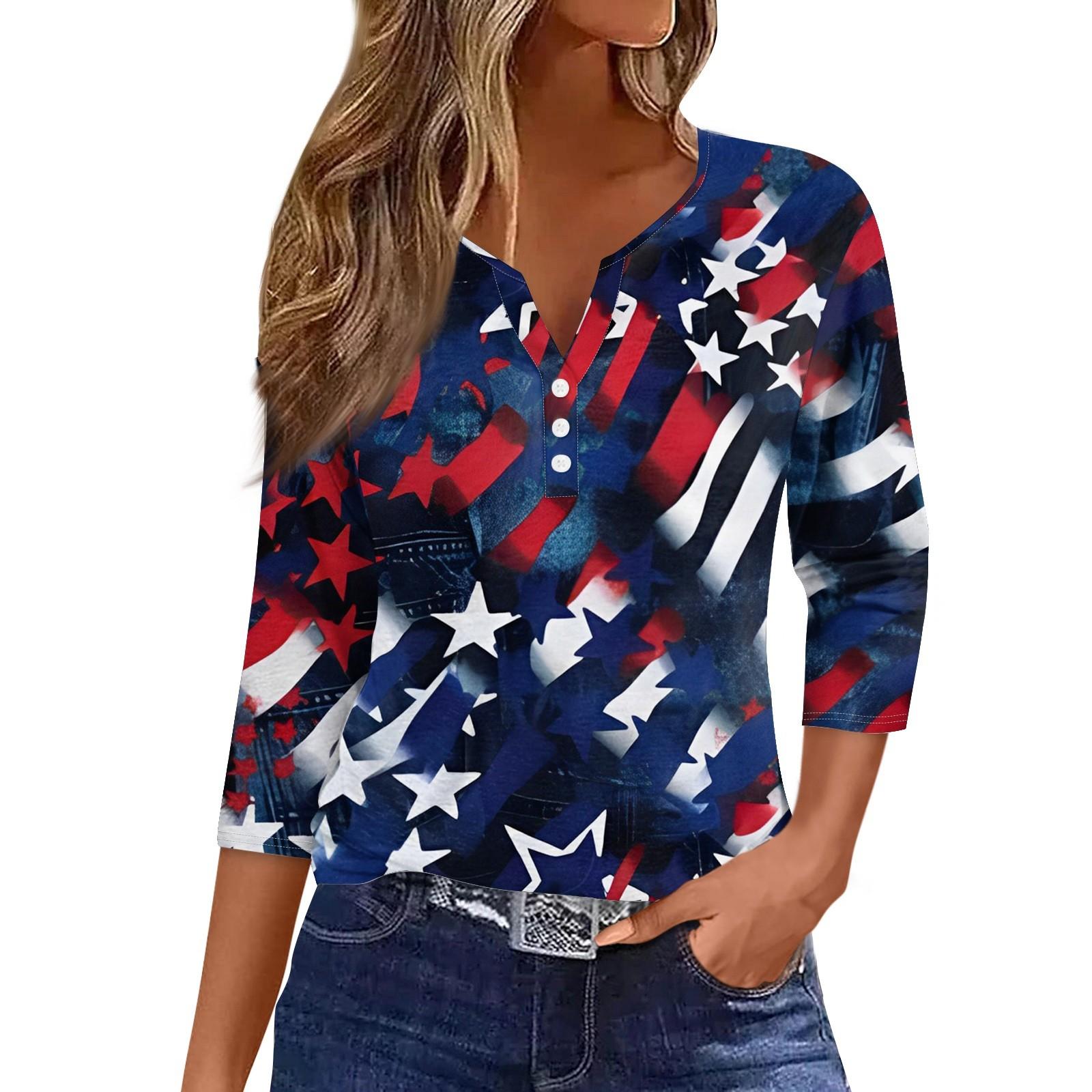 

Женская модная повседневная футболка с v-образным вырезом и семью рукавами, топ на пуговицах с принтом ко Дню независимости S