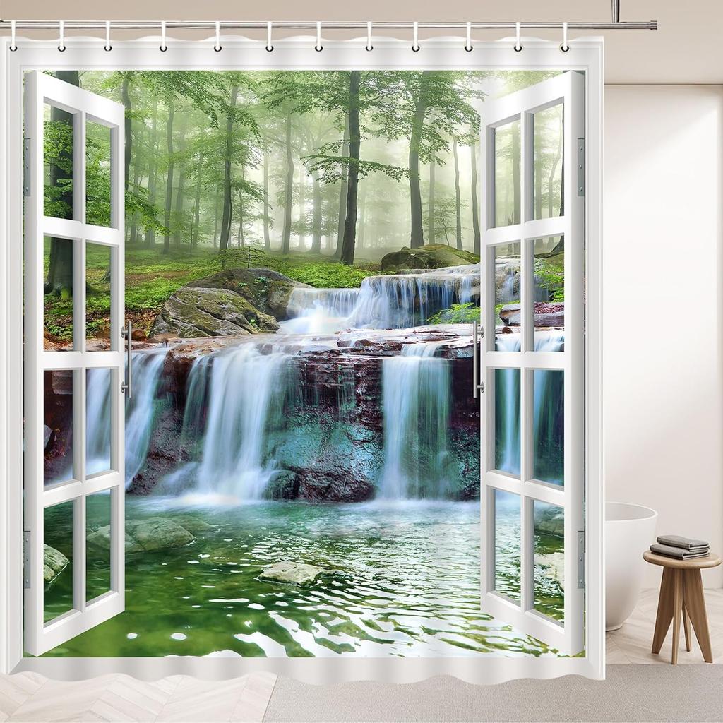 Waterfall Scenery Shower Curtains Spring Outdoor Natural Landscape Green Plants Forest View Pattern Polyester Fabric Bathroom