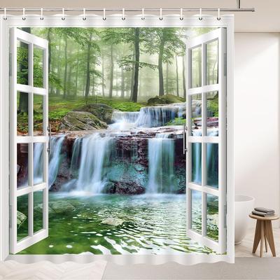 Waterfall Scenery Shower Curtains Spring Outdoor Natural Landscape Green Plants Forest View Pattern Polyester Fabric Bathroom