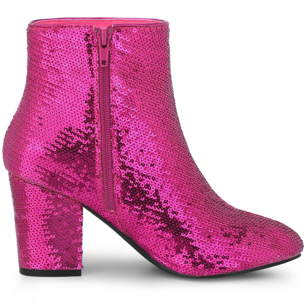 Allegra K Women's Round Toe Sequin Block Heel Ankle Boots, Hot Pink, Size 24.5cm