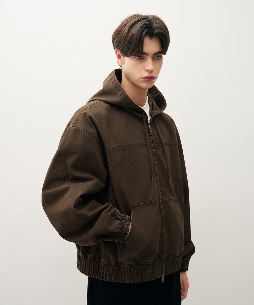 Draw Fit Washed Over Denim Hooded Zip-Up Jacket [Vintage Brown]