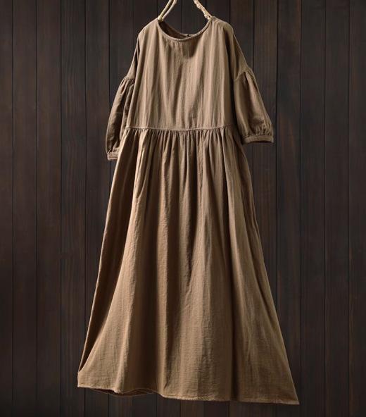 

Johnature Women Vintage Dresses O-Neck Half Sleeve Soft Solid Color Summer Casual A-Line Female Dress One Size кофейный